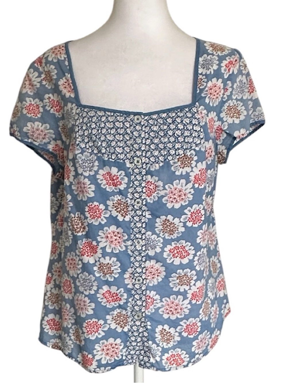 Boden Smocked Square Neck Top Cotton Button Front Fitted Floral Women’s Size 14